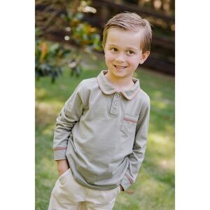 NEW! BAYBALA Beau Long Sleeve Piped Polo Shirt, Vetiver & Chutney Size 8 T